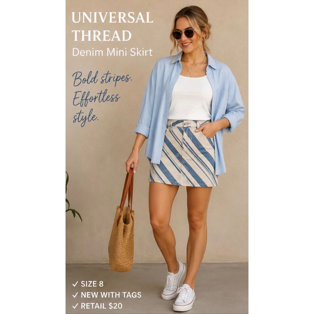 Universal Thread Striped Denim Mini Skirt Size 8 NWT Blue Cream Cotton Lyocell P
